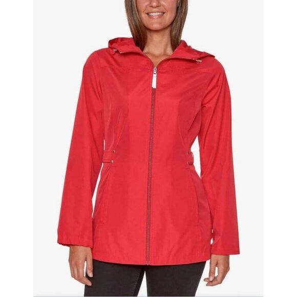 Jones New York Women Red Hooded Raincoat Parka / Windbreaker Size L - Picture 1 of 13